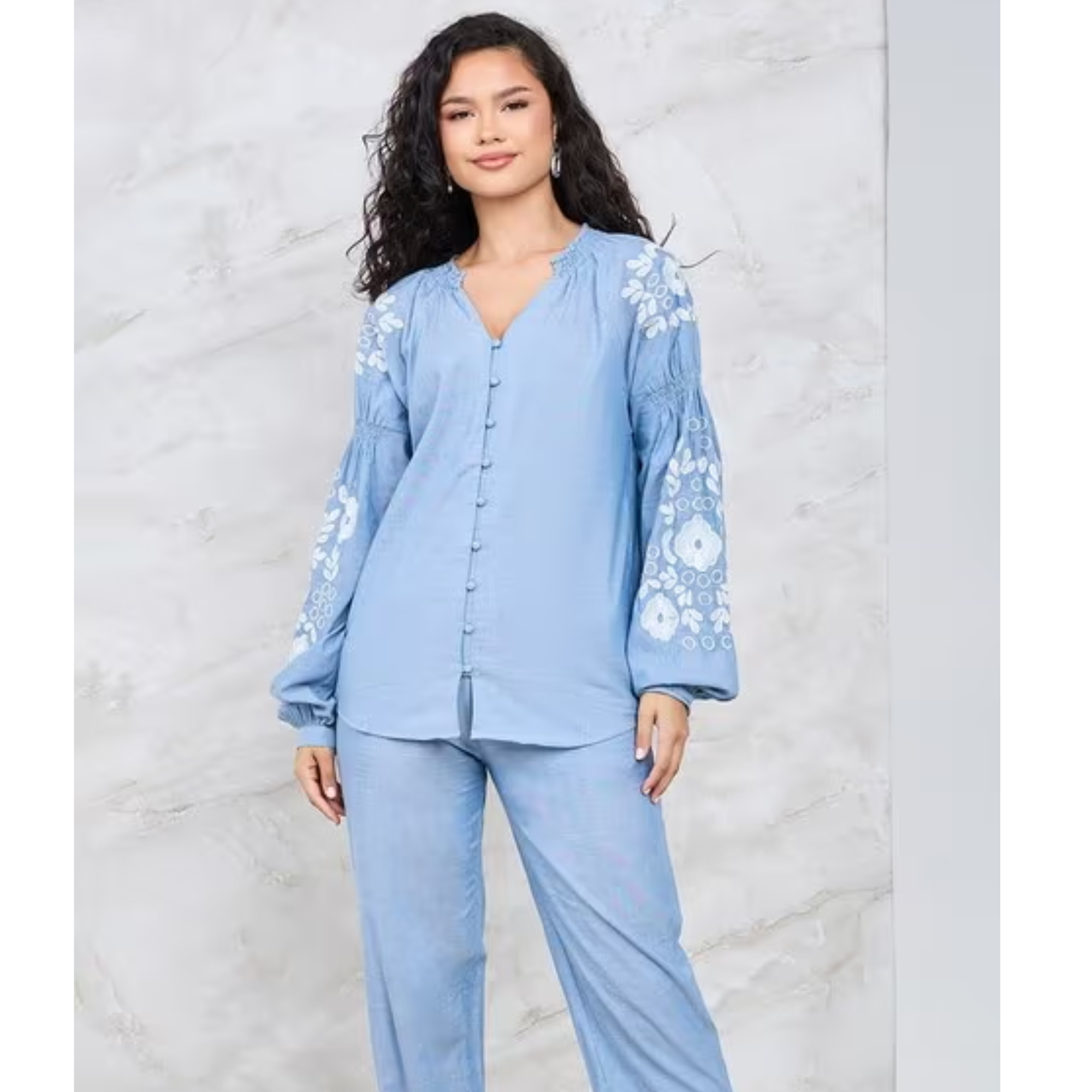 STYLI Women Embroidered Shirt with Pants
